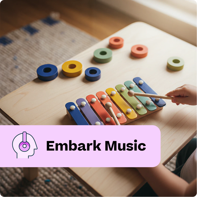 Child playing with a colorful wooden xylophone on a table, with 'Embark Music' branding.