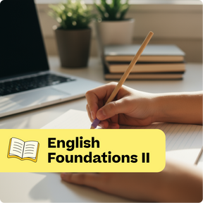 Person writing with a pencil on paper, with a laptop and books in the background, labeled 'English Foundations II'.