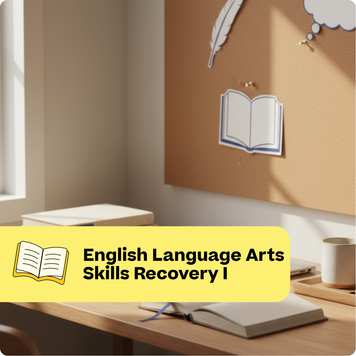 Educational setting with a desk, books, and a corkboard with a book icon, labeled 'English Language Arts Skills Recovery I'.