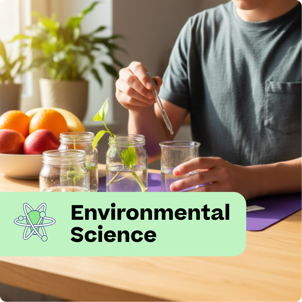 Person conducting a science experiment with plants and jars on a table, labeled 'Environmental Science'.