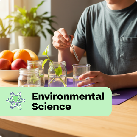 Person conducting a science experiment with plants and jars on a table, labeled 'Environmental Science'.