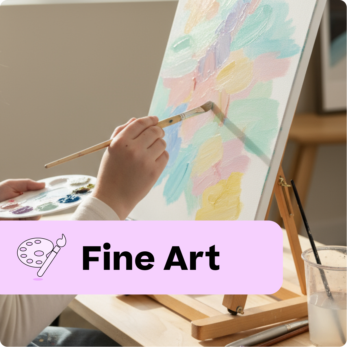 Person painting on an easel with a palette, featuring the text 'Fine Art'.