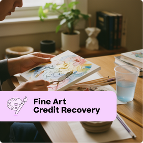 Person painting in a studio with art supplies and a window in the background, labeled 'Fine Art Credit Recovery'.