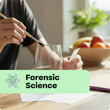 Person holding a glass with a spoon, with 'Forensic Science' text overlay.