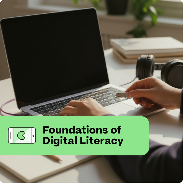 Person using a laptop with a USB drive, with 'Foundations of Digital Literacy' text overlay.