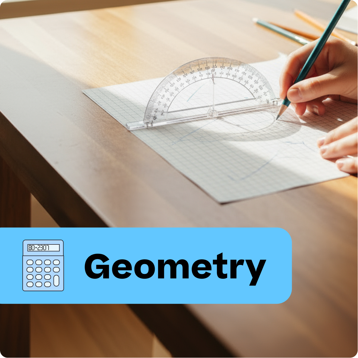 Person using a protractor and ruler on paper with 'Geometry' text overlay