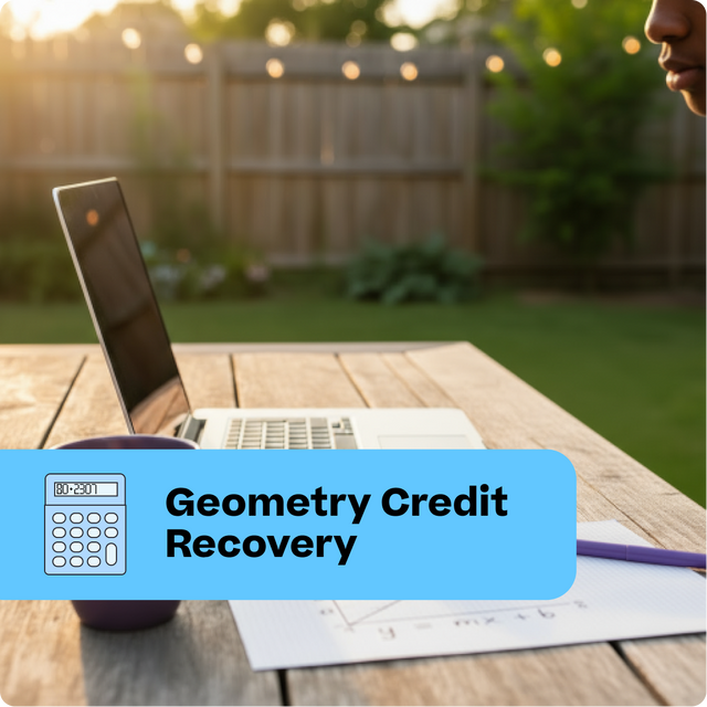 Person working on a laptop with geometry credit recovery materials outdoors.
