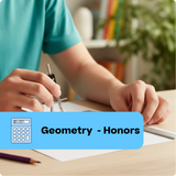 Person working on geometry homework with a compass and calculator, labeled 'Geometry - Honors'.