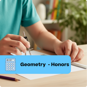 Person working on geometry homework with a compass and calculator, labeled 'Geometry - Honors'.
