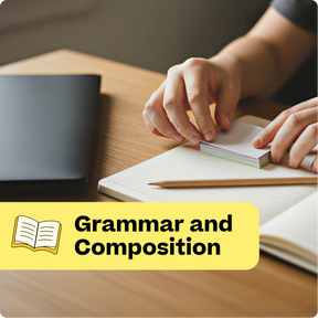 Person working on grammar and composition with a notebook and pen on a wooden desk.