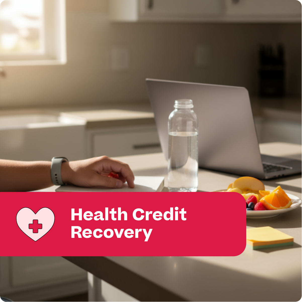 Person working at a desk with a laptop and water bottle, with 'Health Credit Recovery' text overlay.