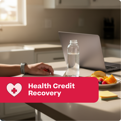 Person working at a desk with a laptop and water bottle, with 'Health Credit Recovery' text overlay.