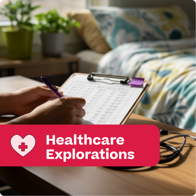 Person writing on a clipboard with a stethoscope nearby, in a home setting with 'Healthcare Explorations' text overlay.