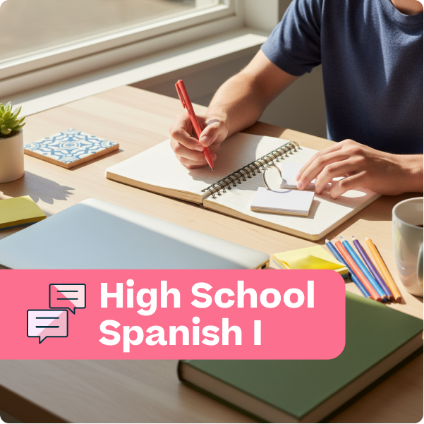 Person studying with books and a red pen on a desk, with 'High School Spanish I' text overlay.