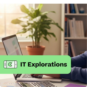 Person using a laptop with a plant and books in the background, featuring 'IT Explorations' text.