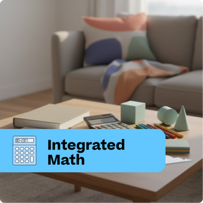 Living room with a coffee table featuring educational items and a 'Integrated Math' label.