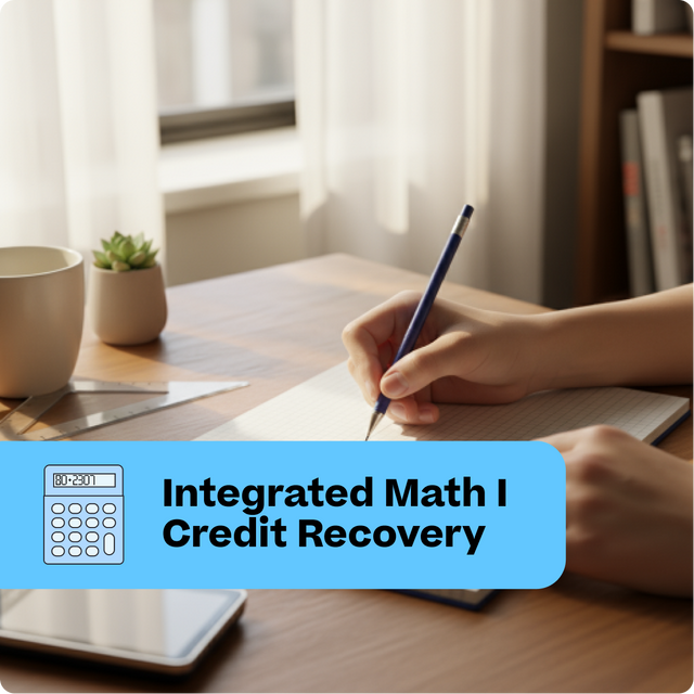 Person studying with a notebook and pen on a desk, with 'Integrated Math I Credit Recovery' text overlay.