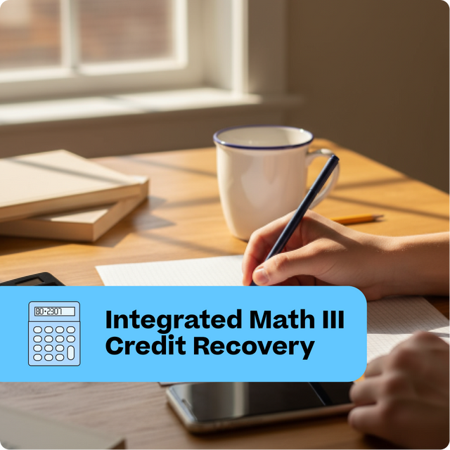 Person studying at a desk with books, a mug, and a calculator on a table.