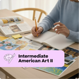 Person studying American Art II with books and art materials on a table.