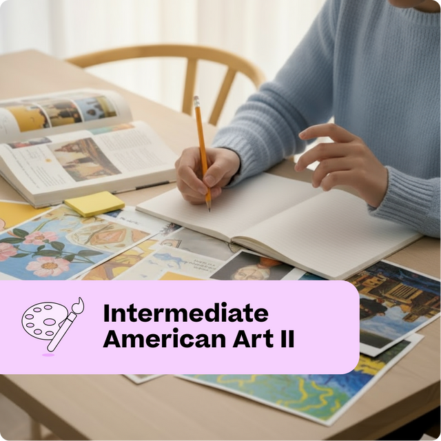 Person studying American Art II with books and art materials on a table.