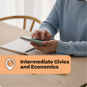 Person using a calculator with an open book on a table, labeled 'Intermediate Civics and Economics'.