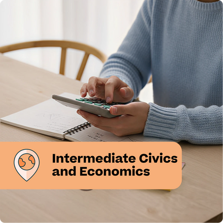 Person using a calculator with an open book on a table, labeled 'Intermediate Civics and Economics'.