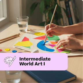 Person painting with colorful shapes on a paper, with 'Intermediate World Art I' text overlay.