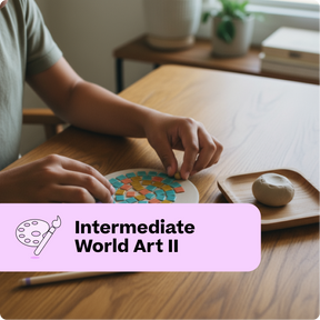 Person working on a mosaic art project with text 'Intermediate World Art II' on a wooden table.