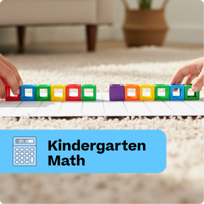 Colorful math blocks being held by hands on a table with 'Kindergarten Math' label.