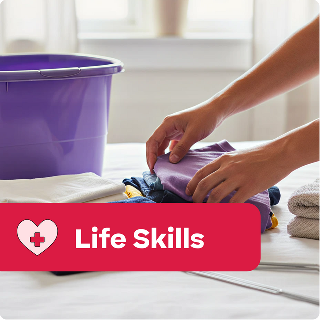 Person folding clothes with a purple bucket and 'Life Skills' label in the foreground.