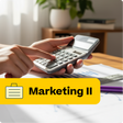 Person using a calculator with educational materials and a plant in the background, labeled 'Marketing II'.
