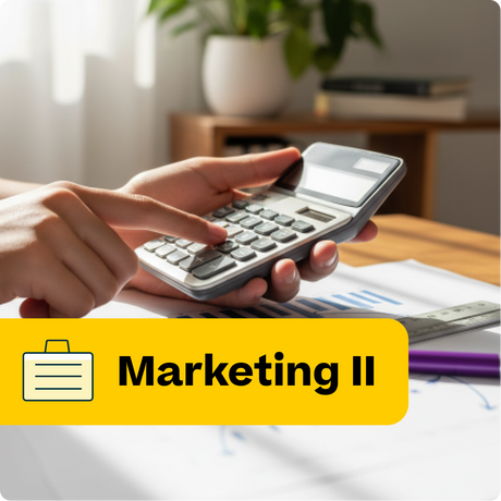 Person using a calculator with educational materials and a plant in the background, labeled 'Marketing II'.