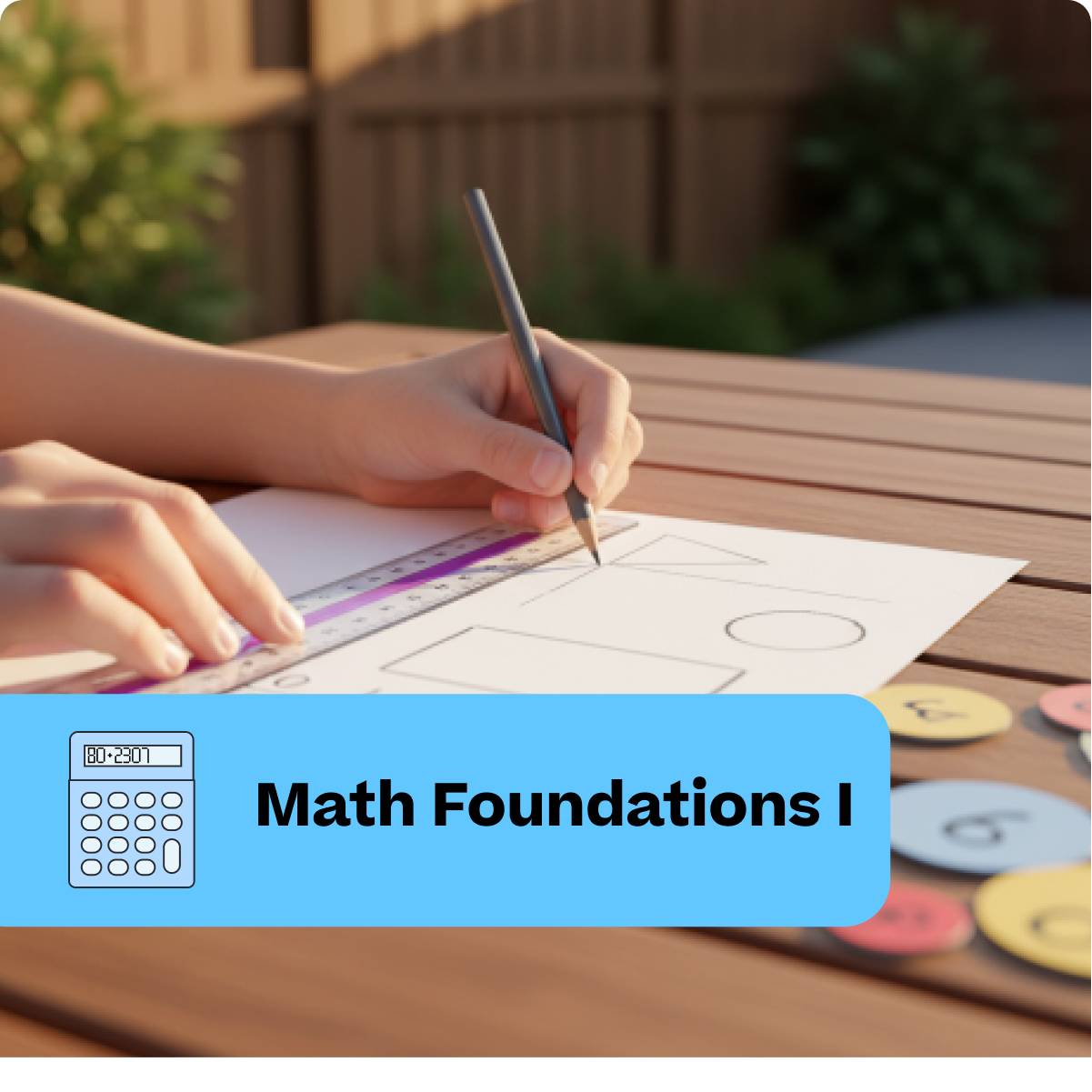 Person working on math problems with a calculator and coins on a wooden table outdoors.