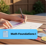 Person working on math problems with a calculator and coins on a wooden table outdoors.