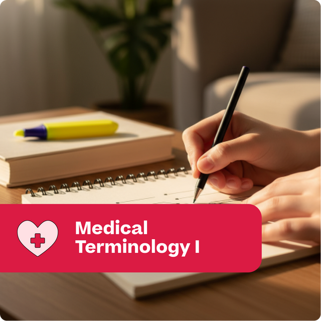 Person writing in a notebook with a pen, overlaid with 'Medical Terminology I' text.