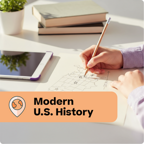 Person studying modern U.S. history with books and a tablet on a desk.