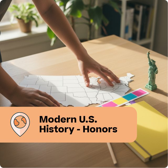 Person working on a U.S. map with educational materials on a desk, labeled 'Modern U.S. History - Honors'.