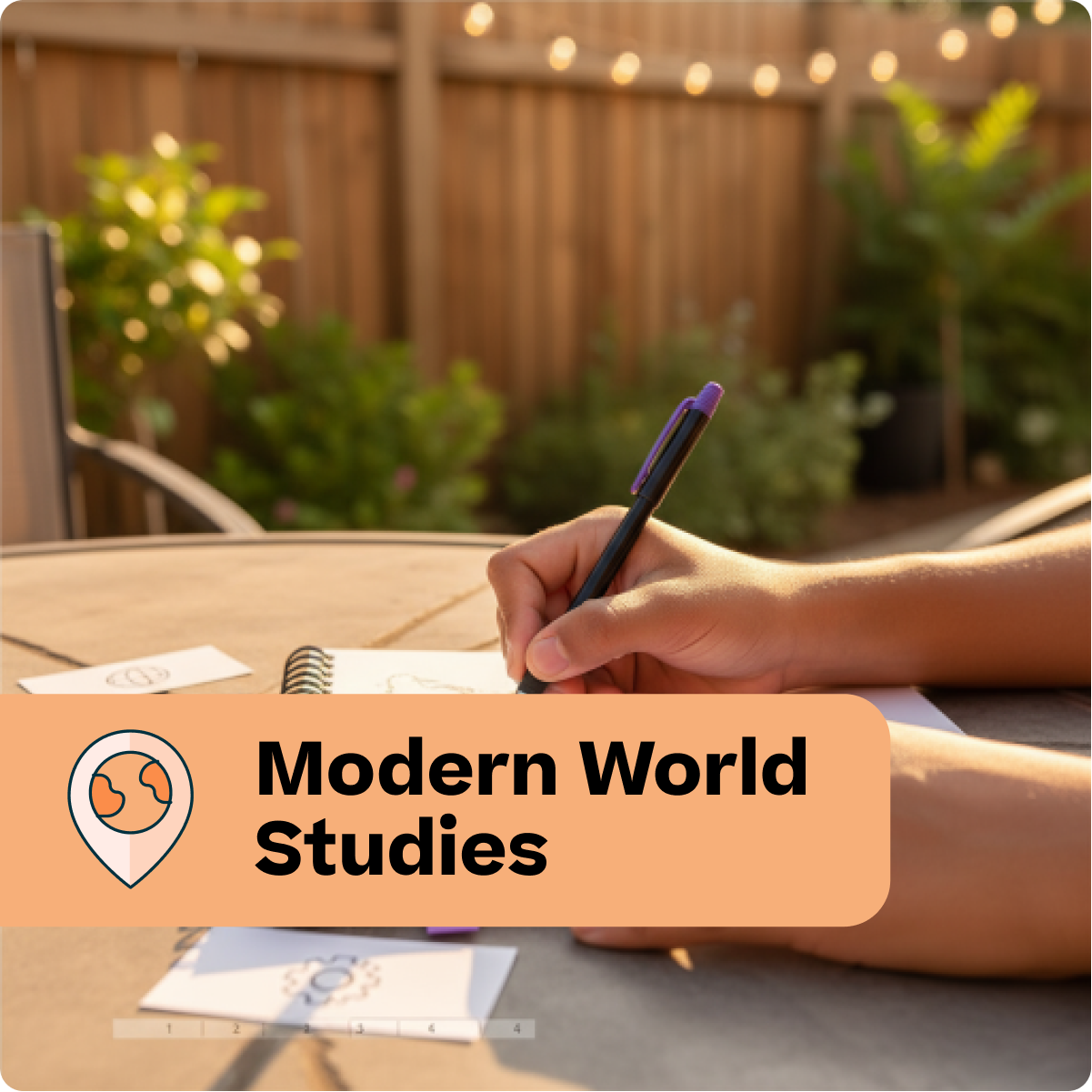 Person writing in a notebook outdoors with 'Modern World Studies' text overlay
