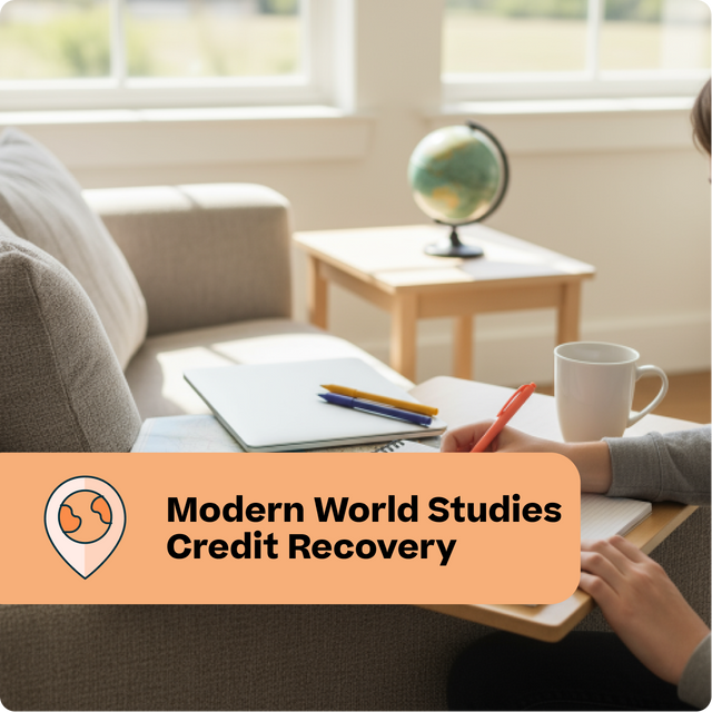 Person sitting on a couch with books and a coffee mug, with 'Modern World Studies Credit Recovery' text overlay.