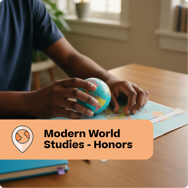 Person holding a small globe on a map with 'Modern World Studies - Honors' text overlay.