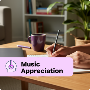 Person writing in a notebook with a mug and tablet on a table, labeled 'Music Appreciation'.