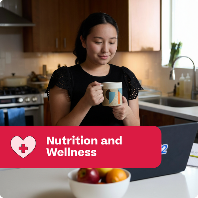 Woman holding a mug in a kitchen with a 'Nutrition and Wellness' banner.