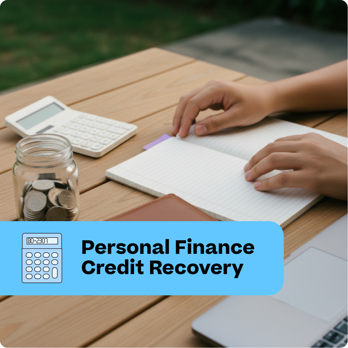 Person using a notebook with a calculator, jar of coins, and laptop on a wooden table, with 'Personal Finance Credit Recovery' text overlay.