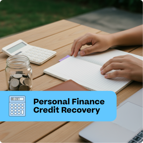 Person using a notebook with a calculator, jar of coins, and laptop on a wooden table, with 'Personal Finance Credit Recovery' text overlay.