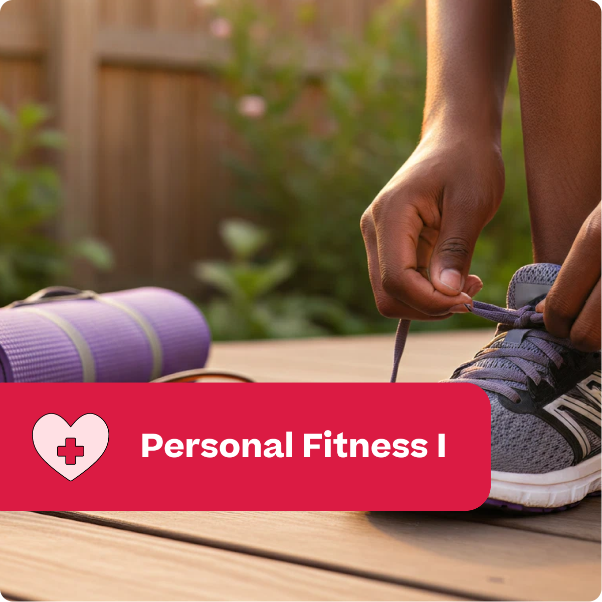 Person tying a shoe with a purple yoga mat and 'Personal Fitness I' label in the foreground.