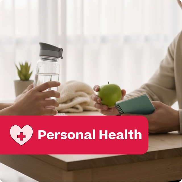 Two hands holding a water bottle and an apple with a 'Personal Health' label in the foreground.