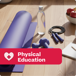 Fitness items including a purple yoga mat, water bottle, dumbbells, and jump rope on a wooden floor with 'Physical Education' text.