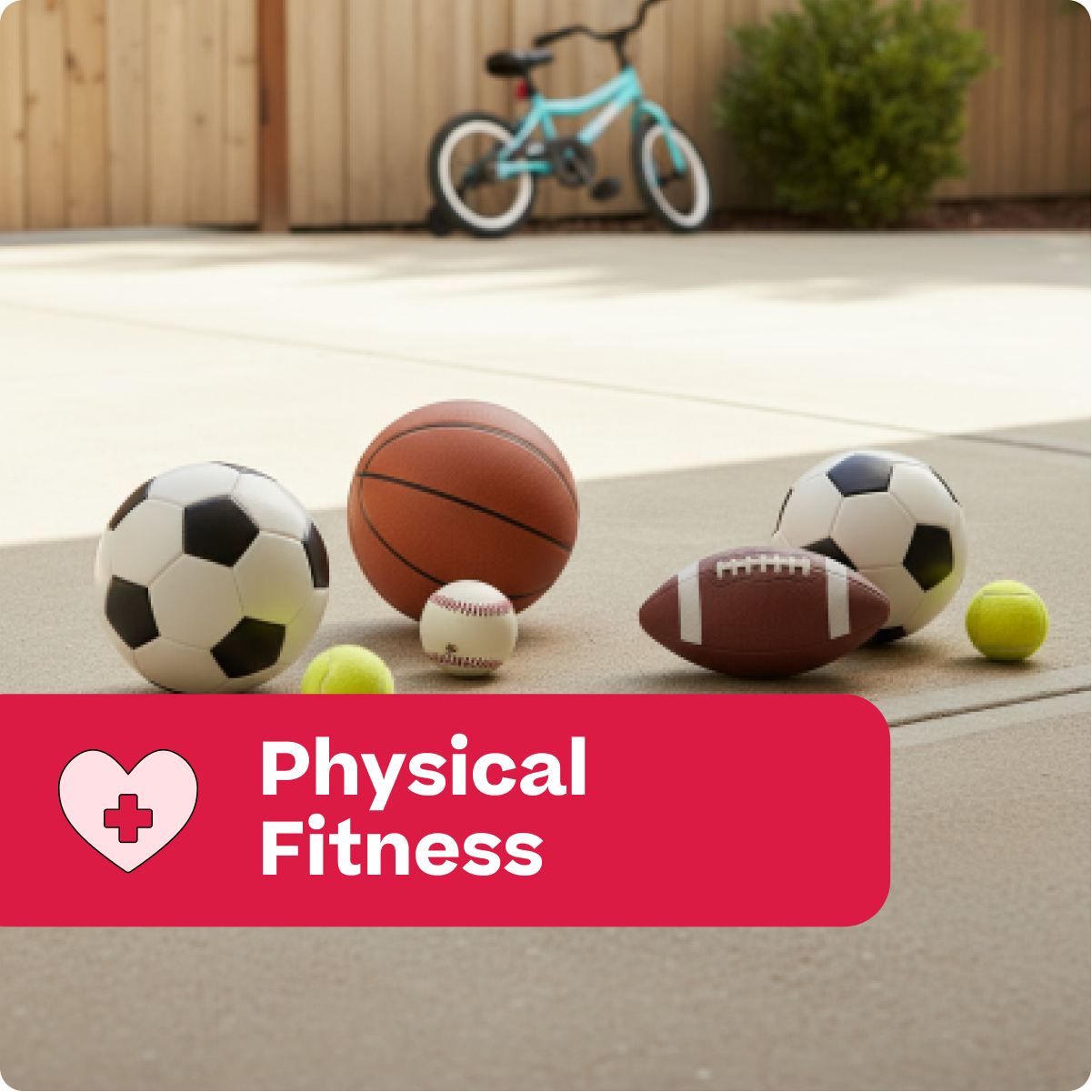 Sports balls including soccer ball, basketball, and football on a concrete surface with a bike in the background.