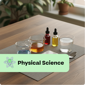 Science experiment setup on a table with beakers, bottles, and water, labeled 'Physical Science'.