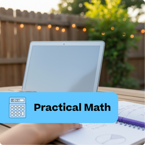 Laptop on a table outdoors with 'Practical Math' text and calculator icon.